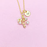 Gold Flower Bouquet Necklace, Initial Charm, Bridesmaid Jewelry