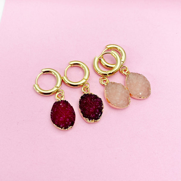 Pink or Red Druzy Earrings in Gold, N2787
