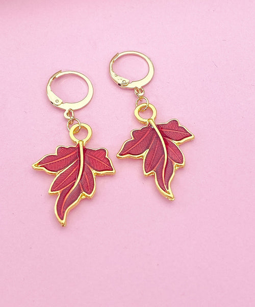Gold Red Maple Leaf Charm Earrings, N3169