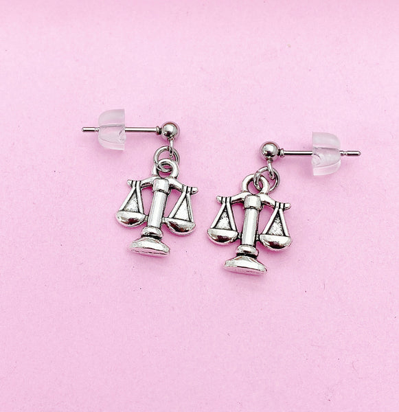 Silver Scale of Justice Charm Stud Earrings, Birthday Christmas Graduation Unique Gift for Lawyer Law School Paralegal Judge Libra AN3341