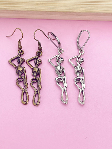 Silver or Bronze Halloween Skeleton Charm Earrings, Gothic, CN1245
