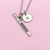 Silver Flute Charm Necklace, Personalized Initial, Band Gift
