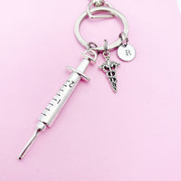 Medical Syringe Caduceus Keychain in Silver, Gifts for Medical School Gift Phlebotomy Phlebotomist, N1976