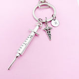 Medical Syringe Caduceus Keychain in Silver, Gifts for Medical School Gift Phlebotomy Phlebotomist, N1976