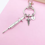 Medical Syringe Caduceus Keychain in Silver, Gifts for Medical School Gift Phlebotomy Phlebotomist, N1976