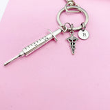 Medical Syringe Caduceus Keychain in Silver, Gifts for Medical School Gift Phlebotomy Phlebotomist, N1976
