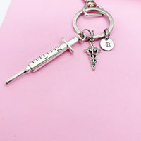 Medical Syringe Caduceus Keychain in Silver, Gifts for Medical School Gift Phlebotomy Phlebotomist, N1976