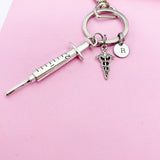 Medical Syringe Caduceus Keychain in Silver, Gifts for Medical School Gift Phlebotomy Phlebotomist, N1976