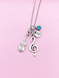 Silver Treble Clef Music Note Violin Viola Charm Necklace, Birthstone Jewelry, N3107