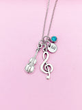 Silver Treble Clef Music Note Violin Viola Charm Necklace, Birthstone Jewelry, N3107