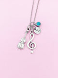 Silver Treble Clef Music Note Violin Viola Charm Necklace, Birthstone Jewelry, N3107