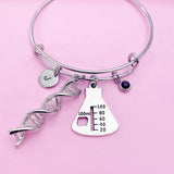 Silver DNA Charm Bangle Bracelet, Beaker, Initial, Birthstone, Science Gift