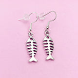Silver Fishbone Dangle Earrings, Stainless Steel Hooks