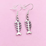 Silver Fishbone Dangle Earrings, Stainless Steel Hooks