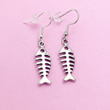 Silver Fishbone Dangle Earrings, Stainless Steel Hooks