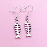 Silver Fishbone Dangle Earrings, Stainless Steel Hooks