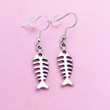 Silver Fishbone Dangle Earrings, Stainless Steel Hooks