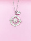 Silver Compass Necklace, Initial Charm, Graduation Gift