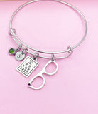 Silver Optometrist Bangle Bracelet, Eye Chart & Eyeglasses Charms