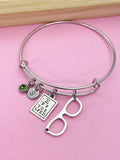 Silver Optometrist Bangle Bracelet, Eye Chart & Eyeglasses Charms