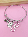 Silver Optometrist Bangle Bracelet, Eye Chart & Eyeglasses Charms