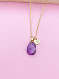 Gold Natural Amethyst Charm Necklace Personalized Customized Gemstone Monogram Made to Order Jewelry, N5449