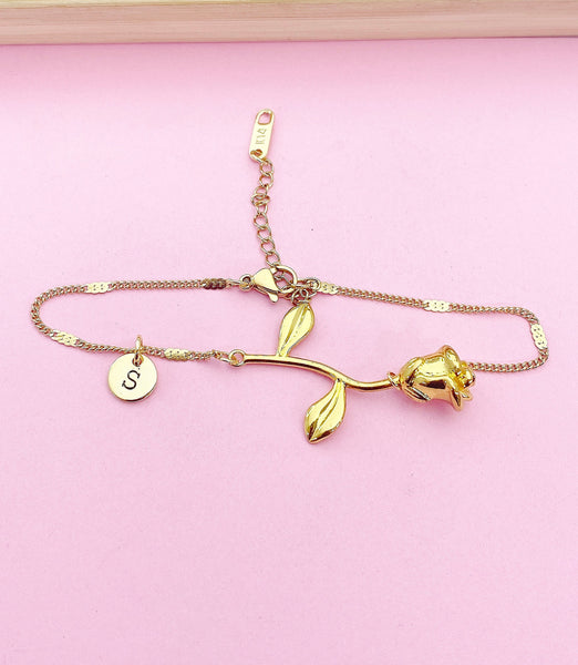 Gold Rose Flower Charm Bracelet Wedding Bridesmaid Gift Ideas Personalize Customize Jewelry AN2937