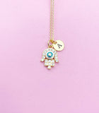 Gold Hamsa Evil Eye Necklace, Initial Charm, Kabbalah Gift