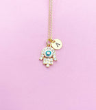 Gold Hamsa Blue Evil Eye Necklace, Protection Jewelry Kabbalah Gift, N562