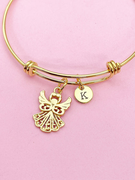 Silver or Gold Guardian Angel Wing Bracelet, Personalized Initial Gift, N286C
