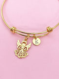 Silver or Gold Guardian Angel Wing Bracelet, Personalized Initial Gift, N286C