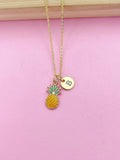 Gold Pineapple Charm Necklace, Personalized Initial Pendant