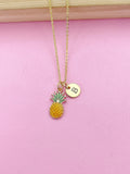 Gold Pineapple Charm Necklace, Personalized Initial Pendant