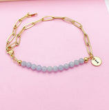 Gold Natural Angelite Gemstone Bracelet, Personalize Customize Bridesmaid Wedding Gifts Ideas, N4017