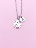 Yin Yang Necklace, Personalized Initial Charm, Stainless Steel