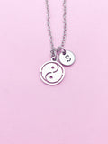 Yin Yang Necklace, Personalized Initial Charm, Stainless Steel