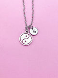 Yin Yang Necklace, Personalized Initial Charm, Stainless Steel