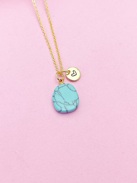 Gold Synthetic Turquoise Charm Necklace Personalized Customized Gemstone Monogram Made to Order Jewelry, N5446