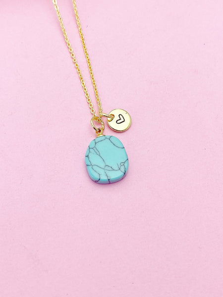 Gold Synthetic Turquoise Charm Necklace Personalized Customized Gemstone Monogram Made to Order Jewelry, N5446