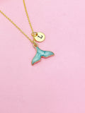 Gold Mermaid Tail Necklace, Blue Enamel, Personalized Initial