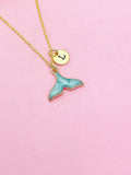 Gold Mermaid Tail Charm Necklace, Blue Mermaid Tail Personalized Customize Monogram Initial, N2340