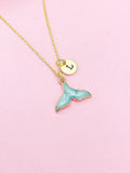 Gold Mermaid Tail Charm Necklace, Blue Mermaid Tail Personalized Customize Monogram Initial, N2340