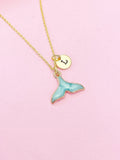 Gold Mermaid Tail Charm Necklace, Blue Mermaid Tail Personalized Customize Monogram Initial, N2340