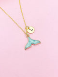 Gold Mermaid Tail Necklace, Blue Enamel, Personalized Initial