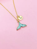 Gold Mermaid Tail Necklace, Blue Enamel, Personalized Initial