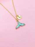 Gold Mermaid Tail Charm Necklace, Blue Mermaid Tail Personalized Customize Monogram Initial, N2340