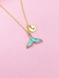 Gold Mermaid Tail Charm Necklace, Blue Mermaid Tail Personalized Customize Monogram Initial, N2340