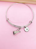 Silver Cheerleader Megaphone Charm Bracelet, Personalized Initial Bangle