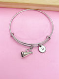 Silver Cheerleader Megaphone Charm Bracelet, Personalized Initial Bangle