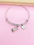 Silver Cheerleader Megaphone Charm Bracelet, Personalized Initial Bangle